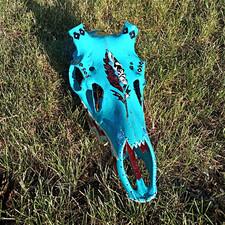 Hand-Painted Turquoise Blue Elk Bull Skull Decor Western Americana Handmade picture