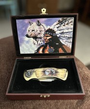 Vintage Collectible Folding Knife Native American Indian And Wolf Design W/ Case picture