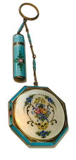 GORGEOUS Antique HP FLORAL ENAMEL GUILLOCHE COMPACT w LIPSTICK/CHAIN. M*I*N*T picture