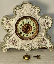 Antique Ansonia Dresden Royal Bonn Porcelain 8 Day Mantle Clock w Key & Pendulum picture