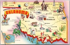 c1950s OKLAHOMA Map / Greetings Postcard w/ State Bird Flag & Flower - Tichnor picture
