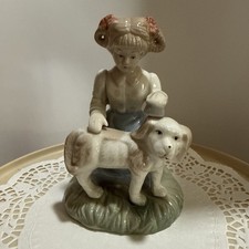 Vintage Porcelain Girl Brushing Dog Figurine USSR Style Russian Porcelain Look picture