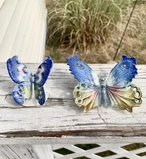 2 Antique Karl Ens Porcelain Butterflies Set Wall Plaque Germany Green Mark picture