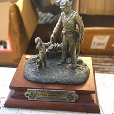 The Farewell Soldier & Boy Metal Figurine Wood Base Signed Banning 1987 picture