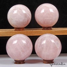 4 Pcs Set Natural Pink Rose Quartz Crystal Sphere Lot Healing Balls + Wood Stand picture