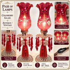 Vintage Cranberry Glass Table Lamps Pair Etched Floral Prism Drops Tested 15” picture