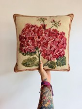 Vintage Handmade Needlepoint Hydrangea Decorative Pillow 15x15 Floral Boho Retro picture