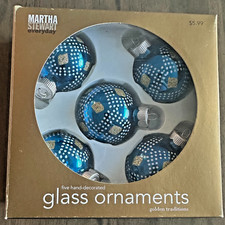 Martha Stewart Everyday Blue Gold Glittered Glass Christmas Ornaments picture