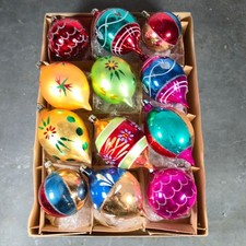 Antique POLAND Ornaments Mercury GLASS teardrop 12 pcs floral heart mermaid BOX picture