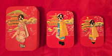3 VTG Japanese 60s Red Cardboard Fabric Decoupage Geisha Chirimen Nesting Boxes picture