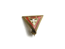 Vintage Hi-Y YMCA Club Lapel Pin Red Enamel Triangle Christian Cross Gold Tone picture