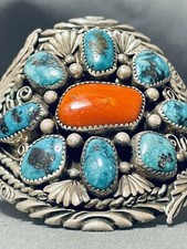 COLOSSAL VINTAGE MUSEUM NAVAJO TURQUOISE CORAL STERLING SILVER BRACELET picture