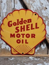 VINTAGE GOLDEN SHELL PORCELAIN SIGN GAS STATION SIGNAGE MOTOR OIL SERVICE GARAGE picture