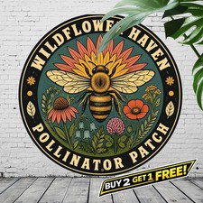 Pollinator Garden Friendly Round Metal Tin Sign Bee Butterfly Decor picture