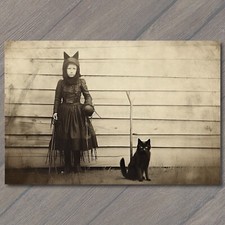 POSTCARD Gothic Masked Cat Girl Black Cat Victorian Haunted Mystery Strange picture