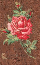 Antique Embossed Red Rose Floral Wood Grain Postcard 