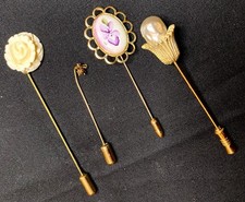 Estate Lot 4 Vintage Stick Pins Goldtone Lapel Hat Tie Jewelry Floral Portrait picture