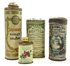 NICE LOT of 4 Early 1900's ANTIQUE Talcom Powder Tins | Squibb's. Williams, etc. picture