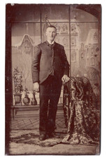 c1869 Handsome Man RARE Winter Scene Painted Backdrop 1/6 Plate Tintype Antique picture