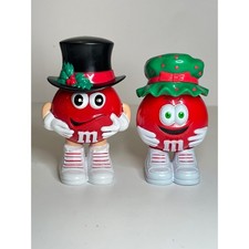 Vintage M&Ms Christmas Red Candy Holder Figures Top Hat & Bonnet Pair Holiday picture