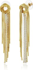 10K Yellow Gold Over Diamond Sleek Chain Knot Linear Fringe Tassel Earrings 2PCS picture