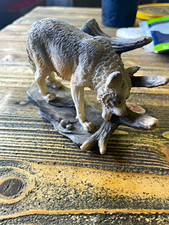 Wolf Figurine Collectible Sculpture Gray & White with Antlers on Base picture