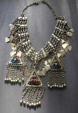 Estate Vtg Antique Moroccan Berber Tribal Glass Bells Silver Pendant Necklace picture