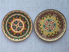 Pair of Vintage Hand-Painted Brass Plates – 6.5” – Folk Floral Design – Embossed picture