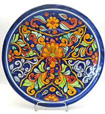VTG MEXICAN TALAVERA HAND PAINTED FLOWERED LEAD FREE POTTERY PLATE 11.4