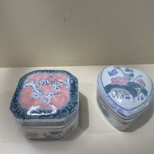 Set of 2 Vintage Chinese Export Lidded Trinket Jars Pink Green Lotus Blue Stamp picture