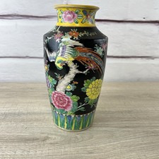 Vtg Atq Black Japanese Glazed Handpainted Vase 9.5