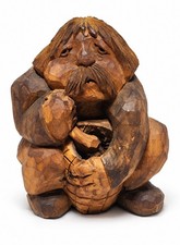 Vtg Hand Carved Wood Man w Barrel Churn Folk Art Stump Sculpture 12” Mustache picture