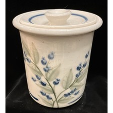 Union Stoneware Maine Crock Blueberry Floral Blue Vintage Handmade Pottery W/Lid picture