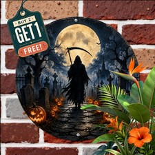 Grim Reaper Moonlight Cemetery Walk Halloween Round Metal Sign Decor picture