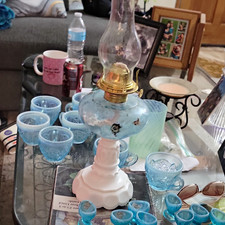 19th Century Blue And White Femton Glass Oil Lamp picture