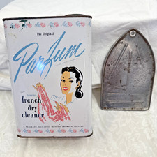 Antique Vtg Clothes Iron Rest Padded Metal Base Stand & empty 1 Gal. PARFUM 1946 picture