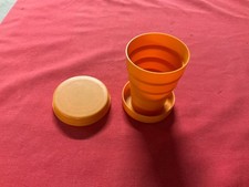 VTG. Stanhome Collapsible Travel Drinking Cup - Lid w/Pill Holder Orange Plastic picture