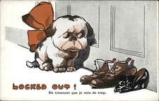 Dog Comic Naughty Sad Locked Out for Being Too Much Trouble c1910s Postcard picture