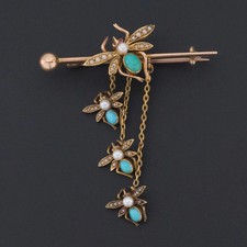 Antique Victorian Turquoise Pearl Diamond 18k Yellow Gold Over Fly Brooch Pin picture