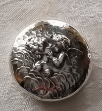Antique Sterling Silver Repousse Cherub Lid Cut Crystal Vanity Jar 