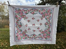 Vintage 1940S 50S Tablecloth White Pink Blue Floral About 31x36” ￼ picture
