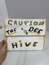 Vintage Folk Art Bee Hive Caution Sign Hand Painted Metal Beekeeping Rustic Deco picture