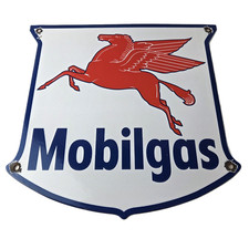 Vintage Mobilgas Sign - Porcelain Mobil Gasoline Pegasus Shield Gas Pump Sign picture