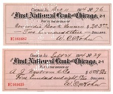 (2) 1914 CHICAGO IL FIRST NATIONAL BANK OF CHICAGO BANK CHECKS - 111 YEARS OLD picture