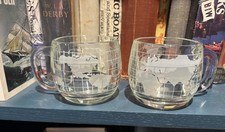 Nestle Etched Clear Glass World Globe Map Coffee Tea Mugs (2) picture