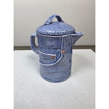 Vtg 1970s Ceramic Blue Jean Creamer Pitcher Denim Look Cream Lidded Signed Rita picture