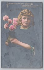 RPPC Birthday Greetings Girl Pink Flowers King George V Stamp Postmarked 1914 picture
