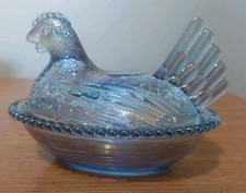 Blue Carnival Color Painted Hen On Nest New 3 1/2 X 4 1/2  picture