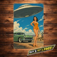 Retro UFO Alien Pinup Lady Metal Sign Vintage Sci-Fi Tin Wall Decor picture