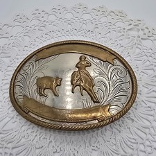 Vintage German Silver Belt Buckle Cowboy Horse Riding Western Scene picture